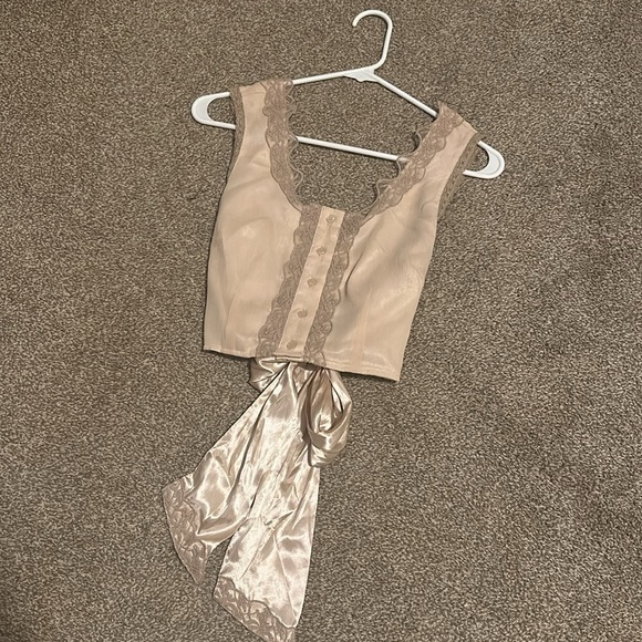 ASOS Nude Lace Silk Button Up Tank Top Bow Tie In Back Button Down Dressy Small - Picture 8 of 10